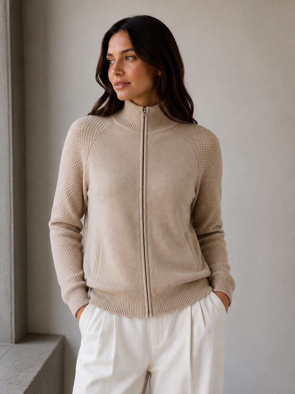 NWT Movetes Victoria 100% Cashmere Bomber Sweater Jacket Cream Sz Medium